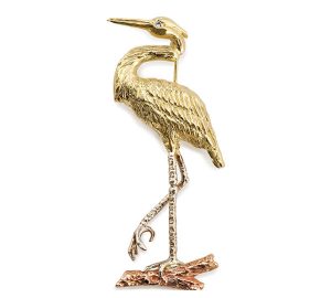 Stately Heron Pin in 18k. Yellow, White and Rose Gold