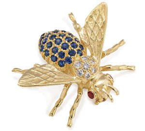 Whimsical Bee Pin in Gold with Sapphires, Diamonds and Rubies